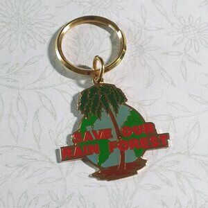 1991 DHT Save Our Rain Forest Keychain Goldtone Metal